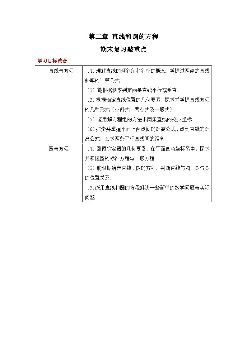 第二章 直线和圆的方程导学案 高中数学人教A版（2019）选择性必修第一册期末复习第1页