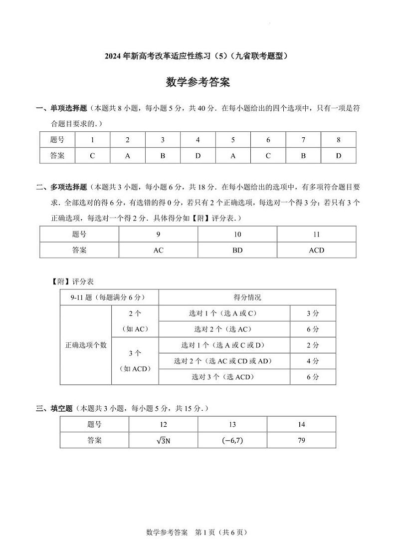 【参考答案】2024年新高考改革适应性练习（5）（九省联考题型）第1页