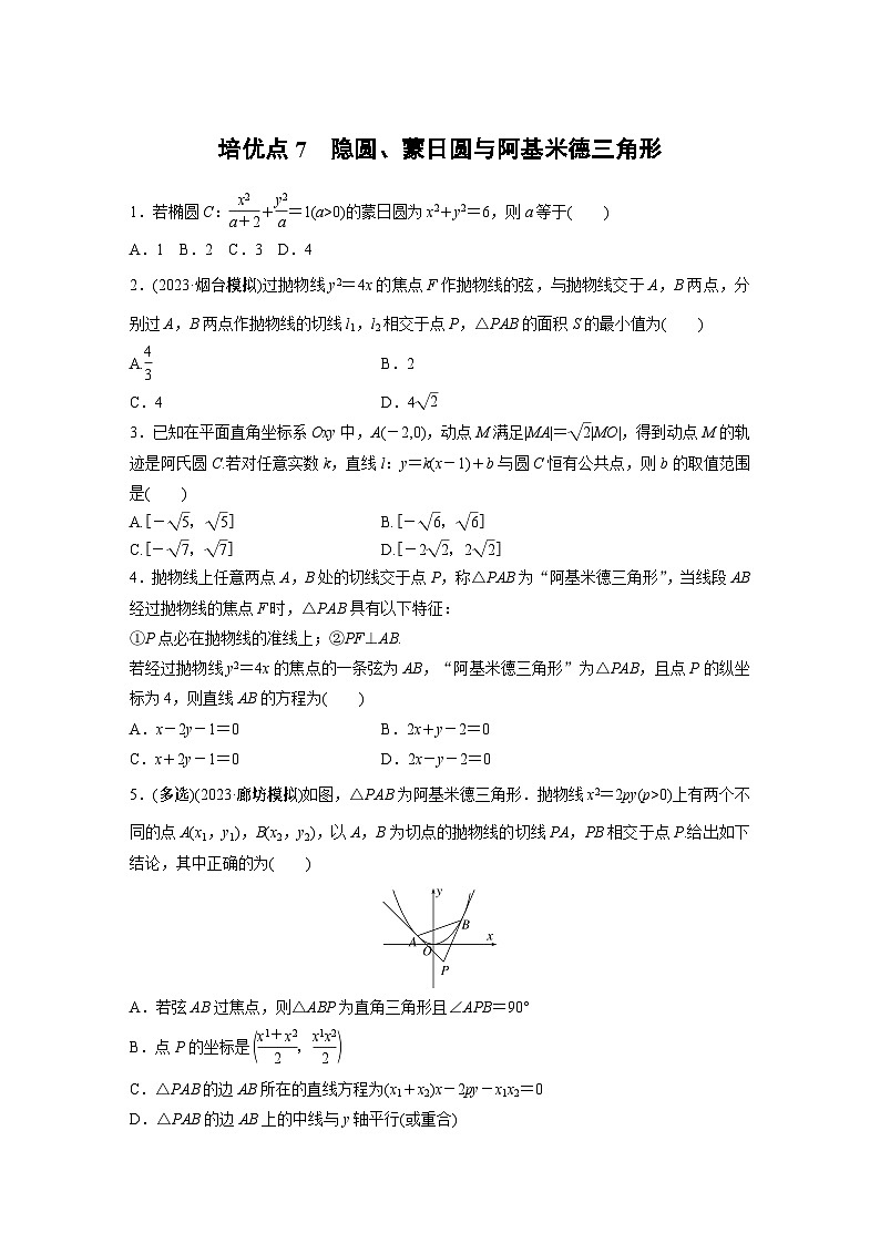 2024学生版大二轮数学新高考提高版（京津琼鲁辽粤冀鄂湘渝闽苏浙黑吉晋皖云豫新甘贵赣桂）专题六　培优点7　隐圆、蒙日圆与阿基米德三角形45第1页