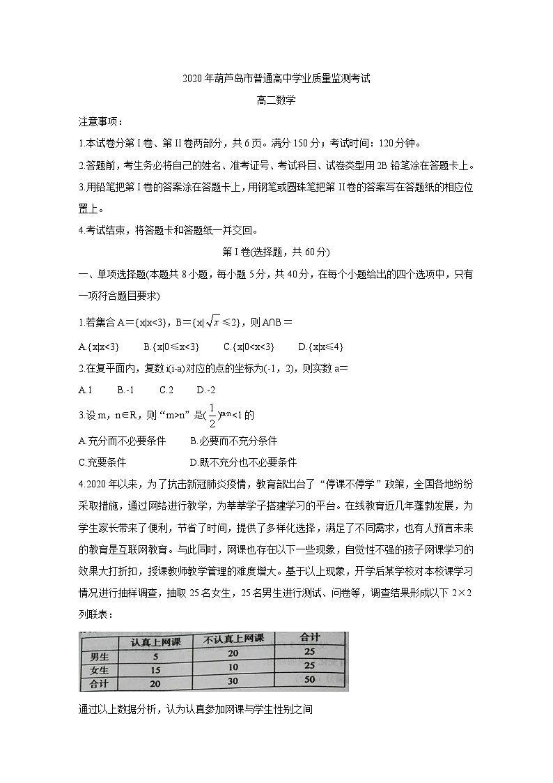 辽宁省葫芦岛市2019-2020学年高二下学期期末考试 数学01