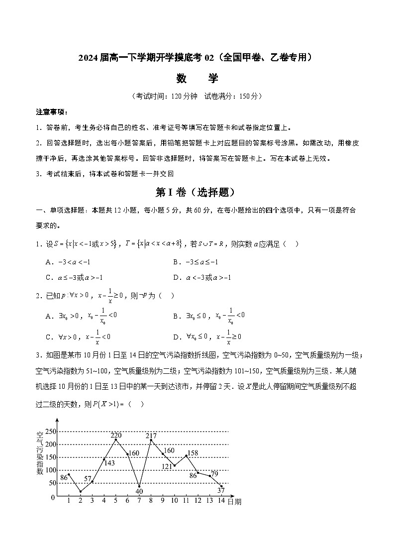 高一数学开学摸底考02（全国甲卷、乙卷专用）（考试版）第1页