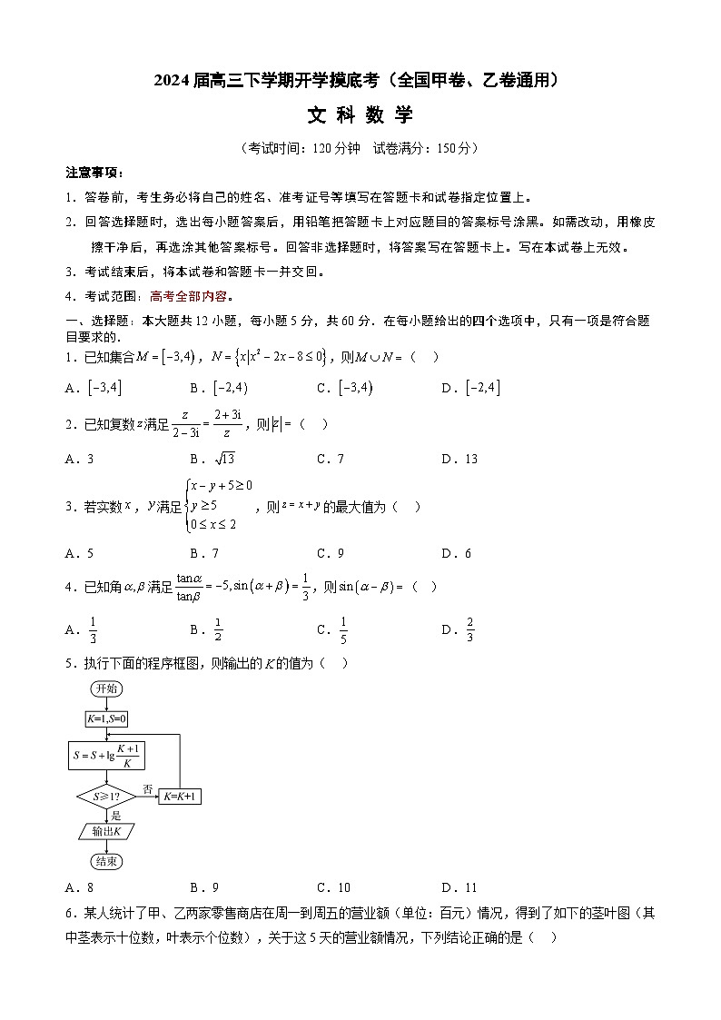 高三文科数学开学摸底考（全国甲卷、乙卷通用）（考试版）第1页