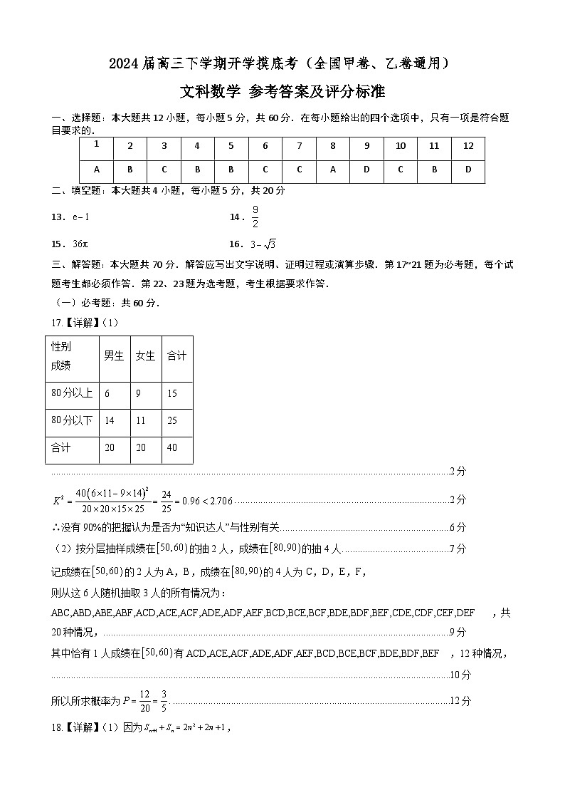 高三文科数学开学摸底考（全国甲卷、乙卷通用）（答案及评分标准）第1页