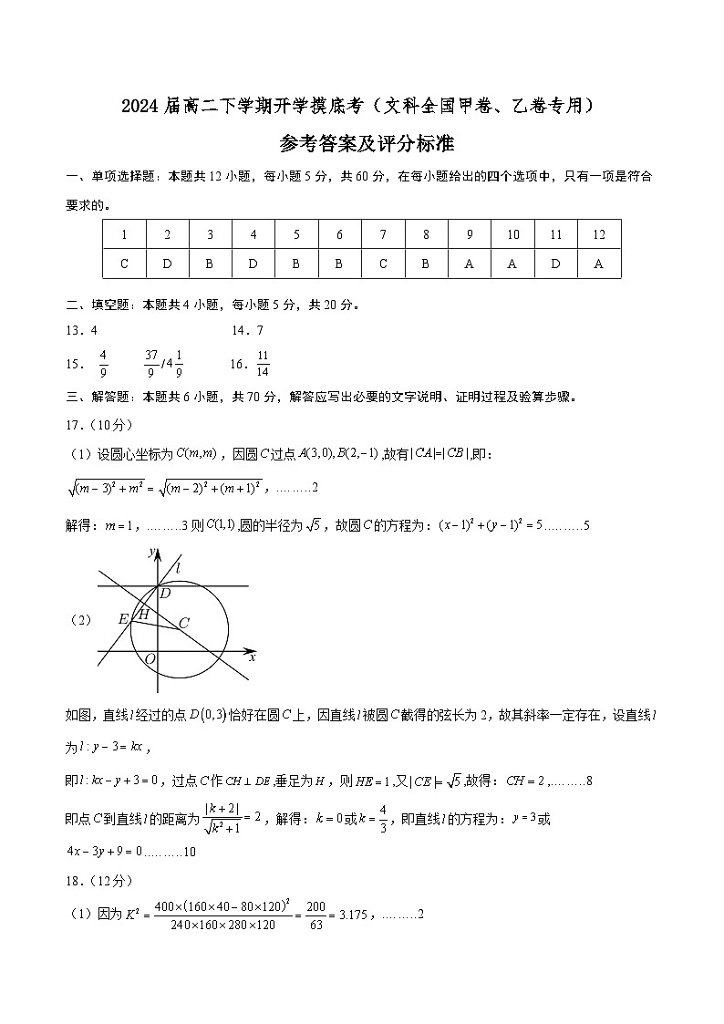 高二数学开学摸底考（文科全国甲卷、乙卷专用）-2023-2024学年高中下学期开学摸底考试卷.zip01