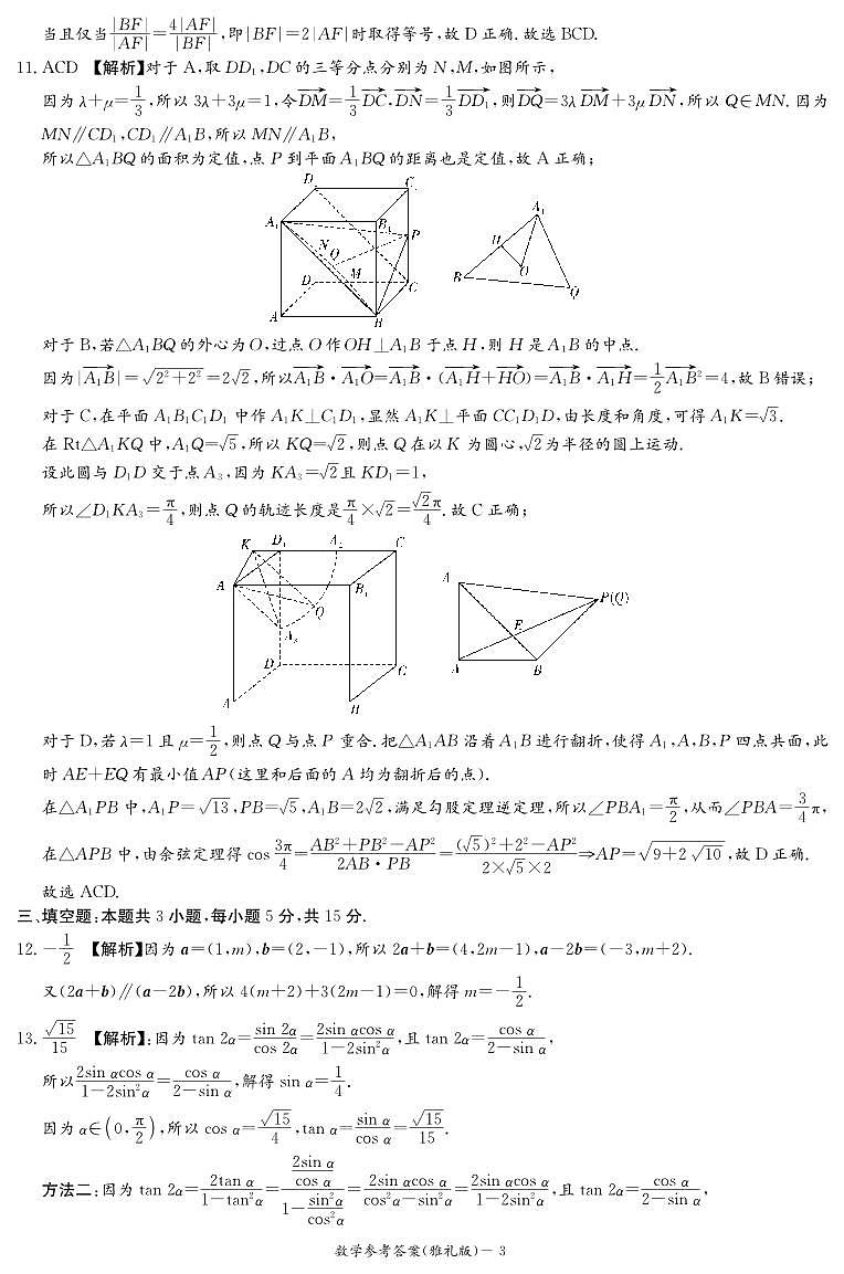 2024届长沙雅礼中学高三下学期月考（六）数学试卷+答案03