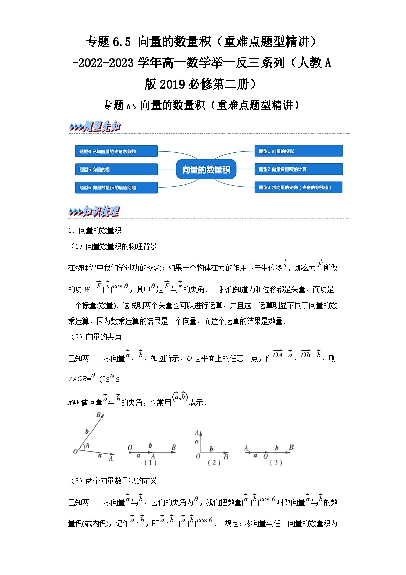 必修第二册第六章 平面向量 专题6.5向量的数量积（重难点题型精讲）习题及答案-2022-2023学年高一数学举一反三系列（人教A版2019）第1页