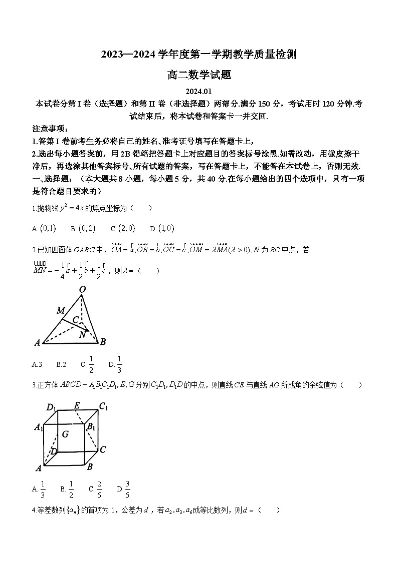 2024青岛即墨区高二上学期期末考试数学含答案01