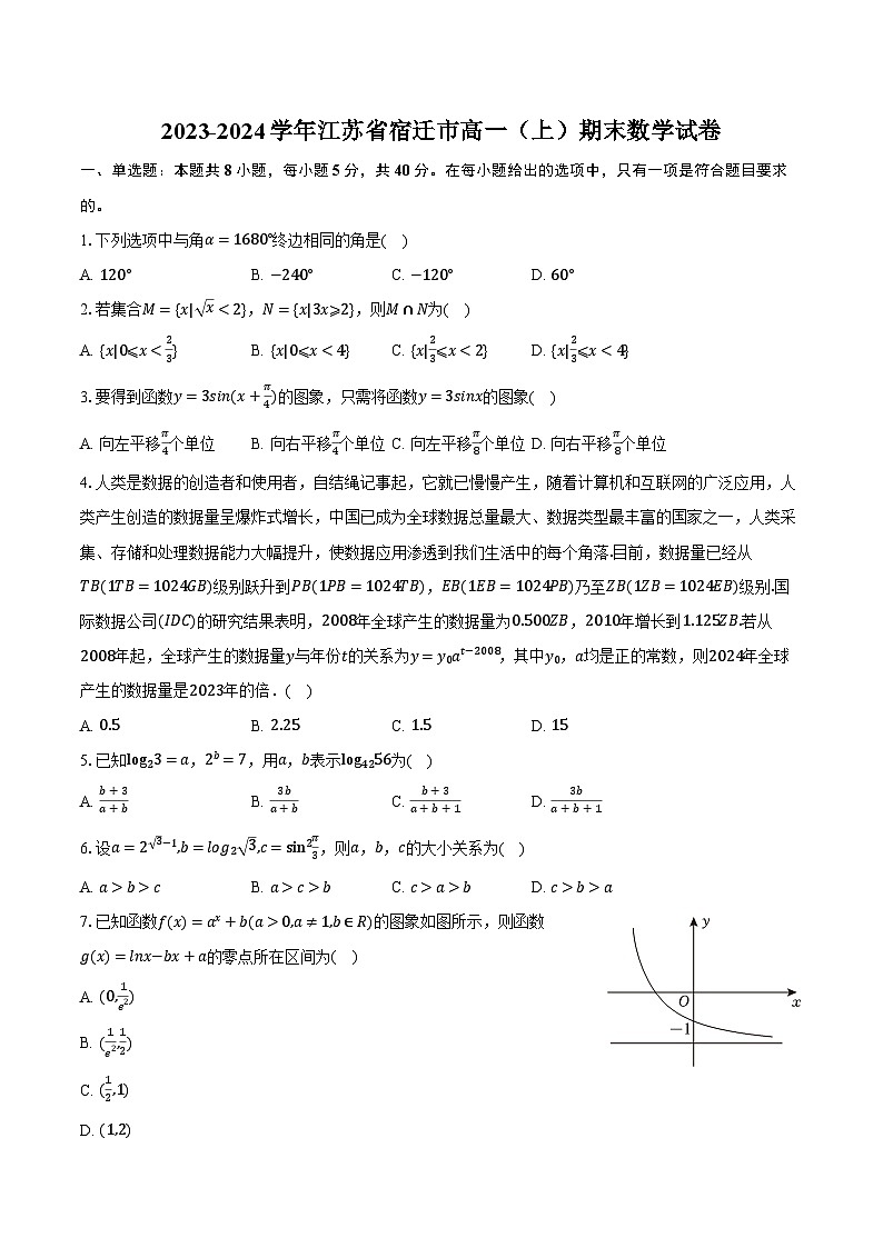 2023-2024学年江苏省宿迁市高一（上）期末数学试卷（含解析）第1页