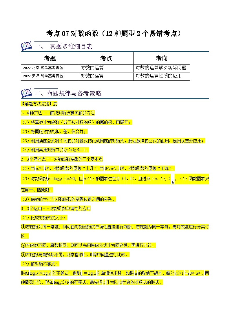 2024年高考数学复习全程规划【一轮复习讲义】 考点07对数函数（12种题型2个易错考点）（原卷版+解析）01
