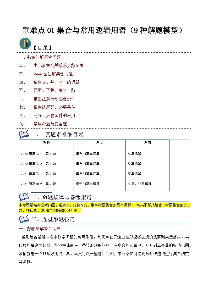 2024年高考数学复习全程规划【一轮复习讲义】 重难点01集合与常用逻辑用语（9种解题模型）（原卷版+解析）第1页