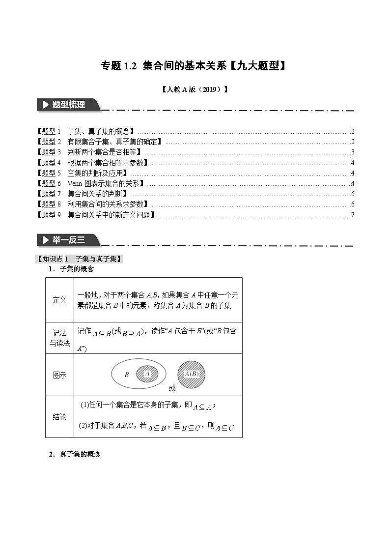 高一数学（人教A版2019必修第一册）专题1.2 集合间的基本关系【九大题型】（举一反三）（原卷版+解析）01