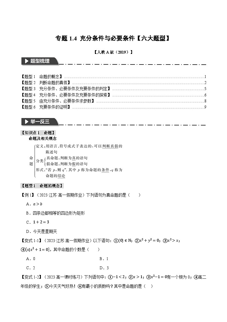 高一数学（人教A版2019必修第一册）专题1.4 充分条件与必要条件【六大题型】（举一反三）（原卷版+解析）第1页