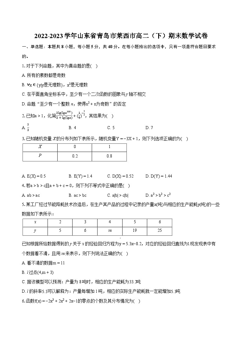 2022-2023学年山东省青岛市莱西市高二（下）期末数学试卷(含详细答案解析)01