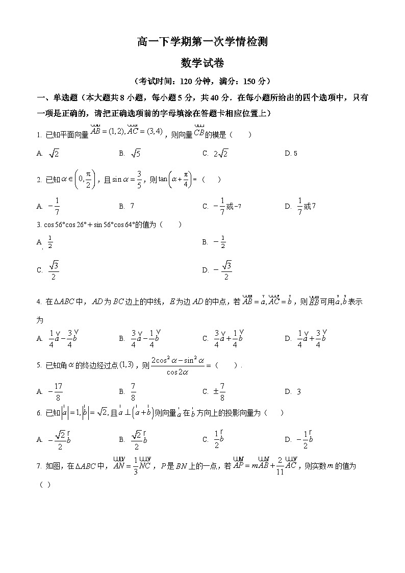 江苏省徐州市邳州市宿羊山高级中学高一下学期第一次学情检测数学试题（原卷版）第1页