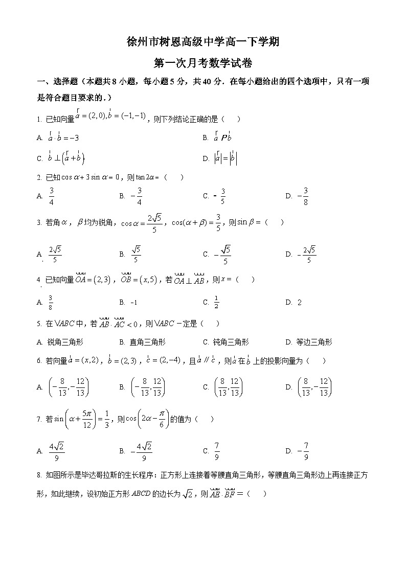 江苏省徐州市树恩中学高一下学期第一次月考数学试题（原卷版）第1页