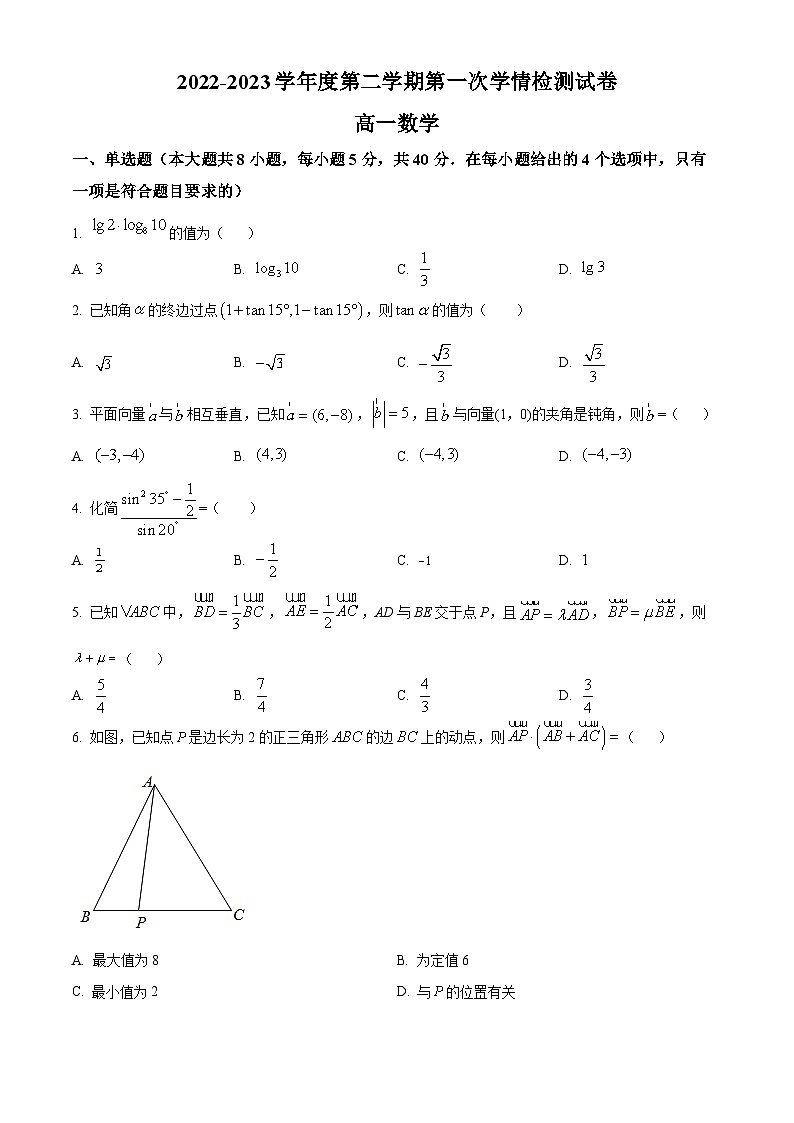 江苏省南通市海安市实验中学高一下学期3月月考数学试题（原卷版）第1页