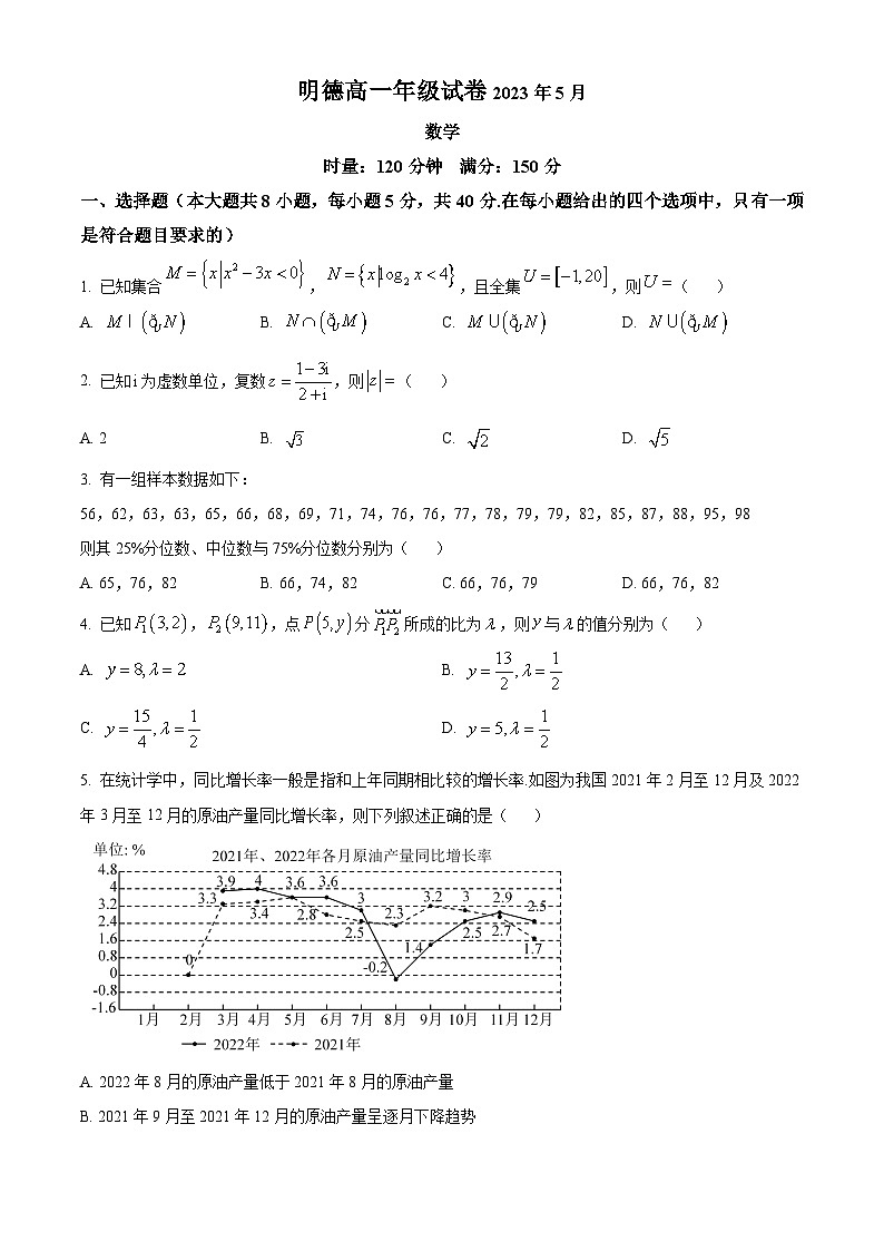 2022-2023学年湖南省长沙市明德中学高一下学期5月月考数学试题01
