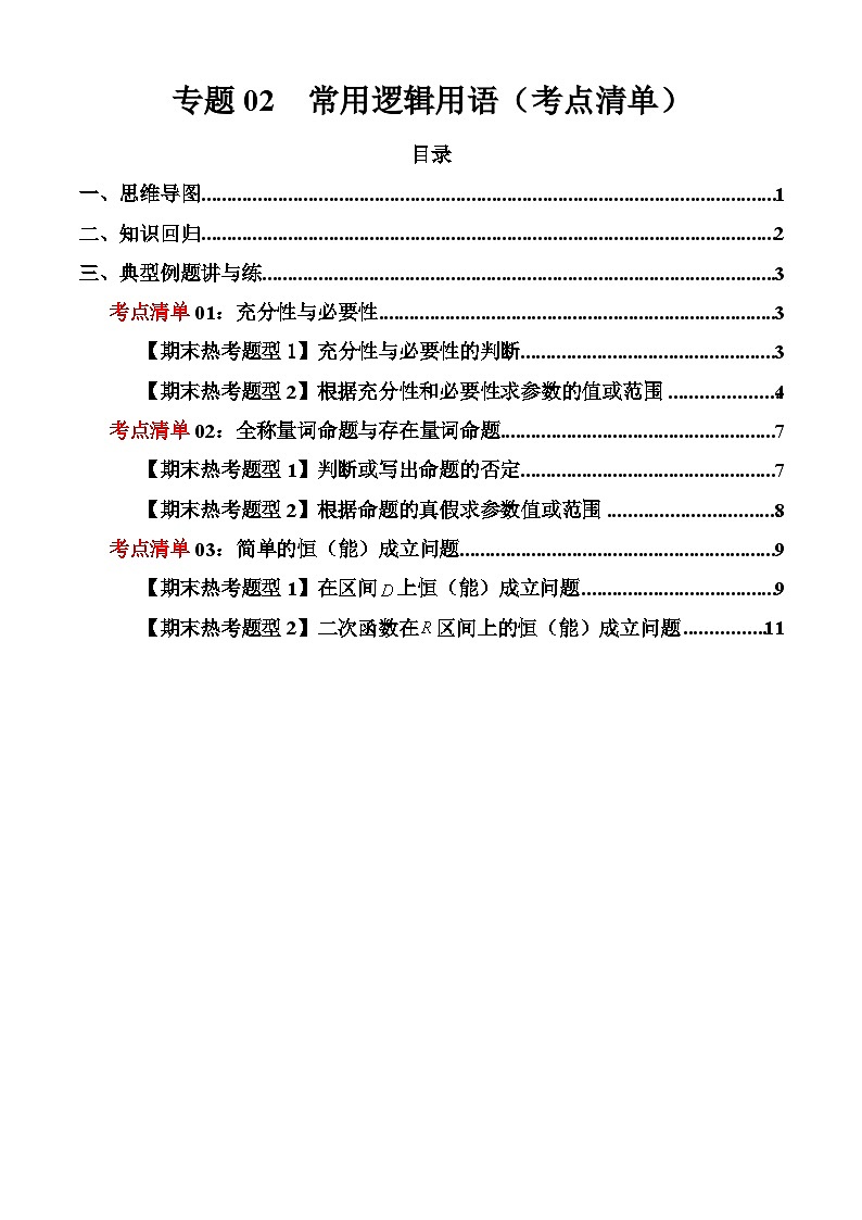 专题02+常用逻辑用语（考点清单）-2024-2025学年高一数学上学期期末重难点突破（人教A版2019）01