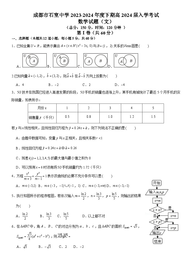 2024成都石室中学高三下学期开学考试数学（文）含解析01