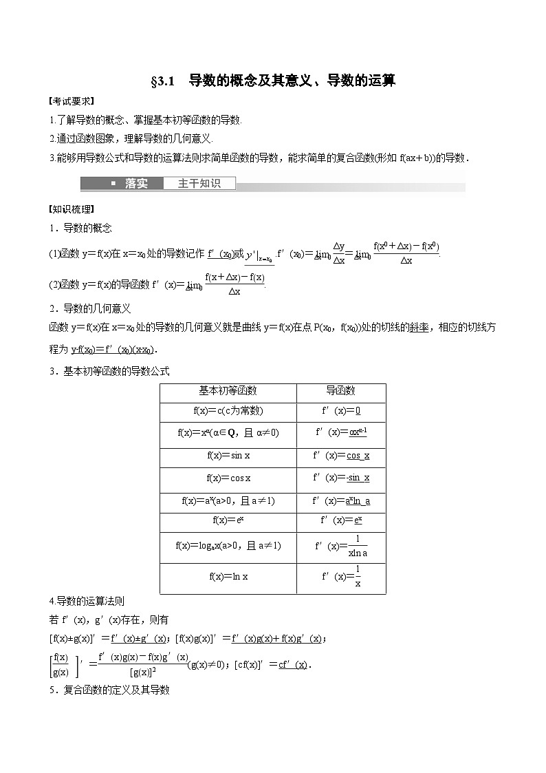 (新高考)高考数学一轮复习讲义+巩固练习3.1《导数的概念及其意义、导数的运算》(教师版)第1页