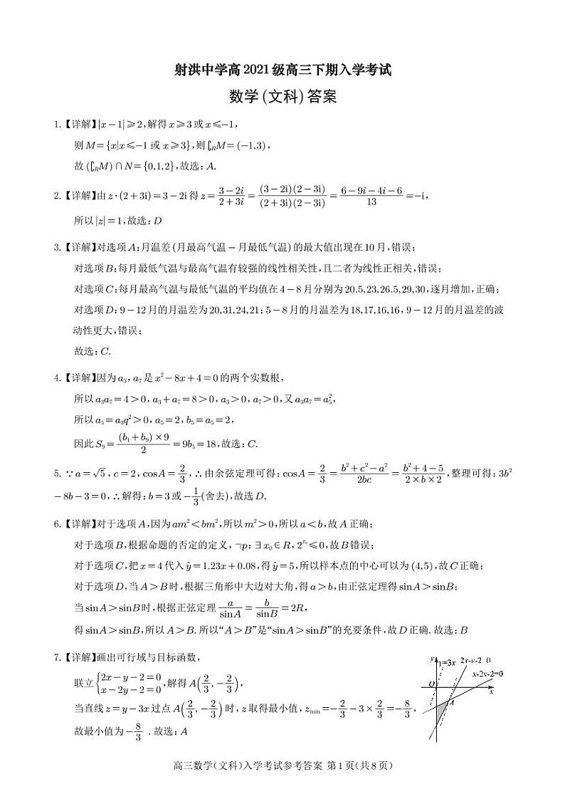 射洪中学高2021级高三下期入学考试数学（文科）试题答案第1页