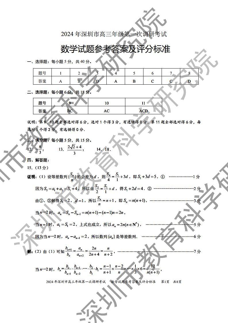 2024年深圳市高三年级第一次调研考试 数学参考答案第1页