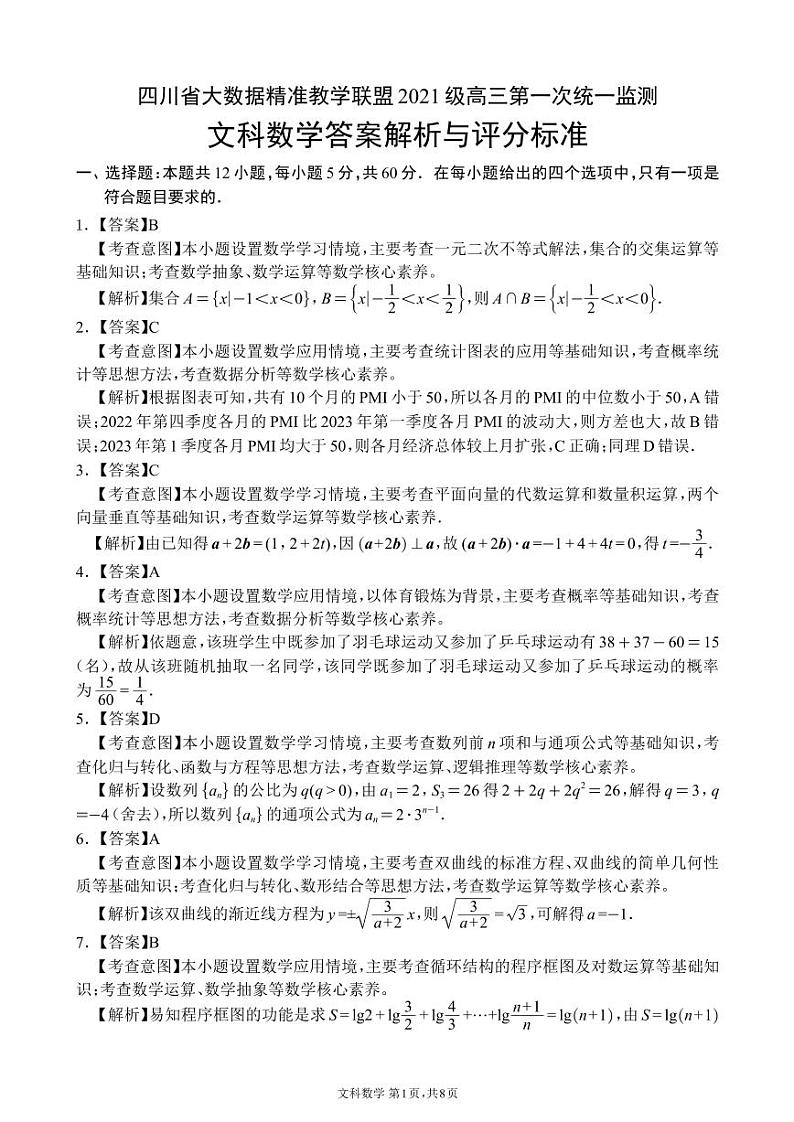四川省大数据精准教学联盟 2021 级高三第一次统一监测文科数学参考答案第1页
