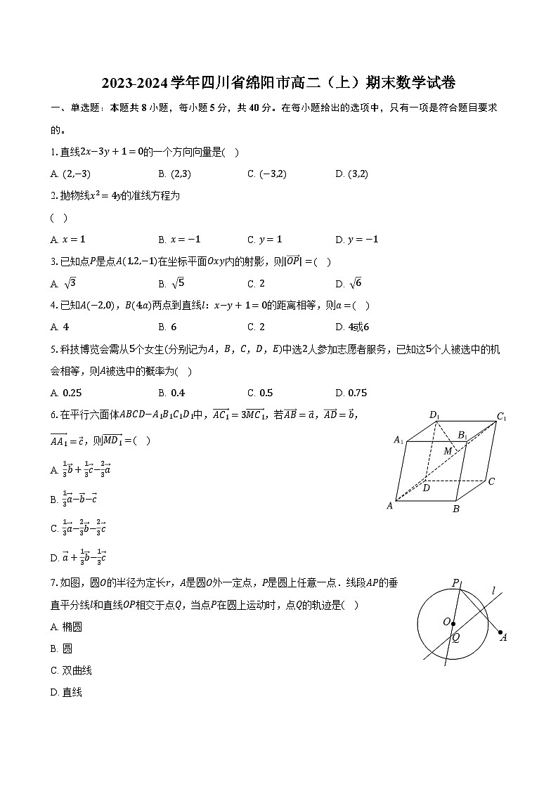 2023-2024学年四川省绵阳市高二（上）期末数学试卷（含解析）01