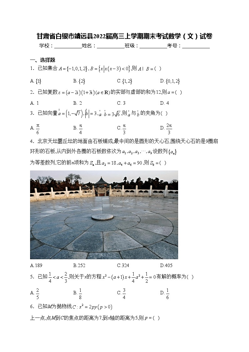 甘肃省白银市靖远县2022届高三上学期期末考试数学（文）试卷(含答案)01