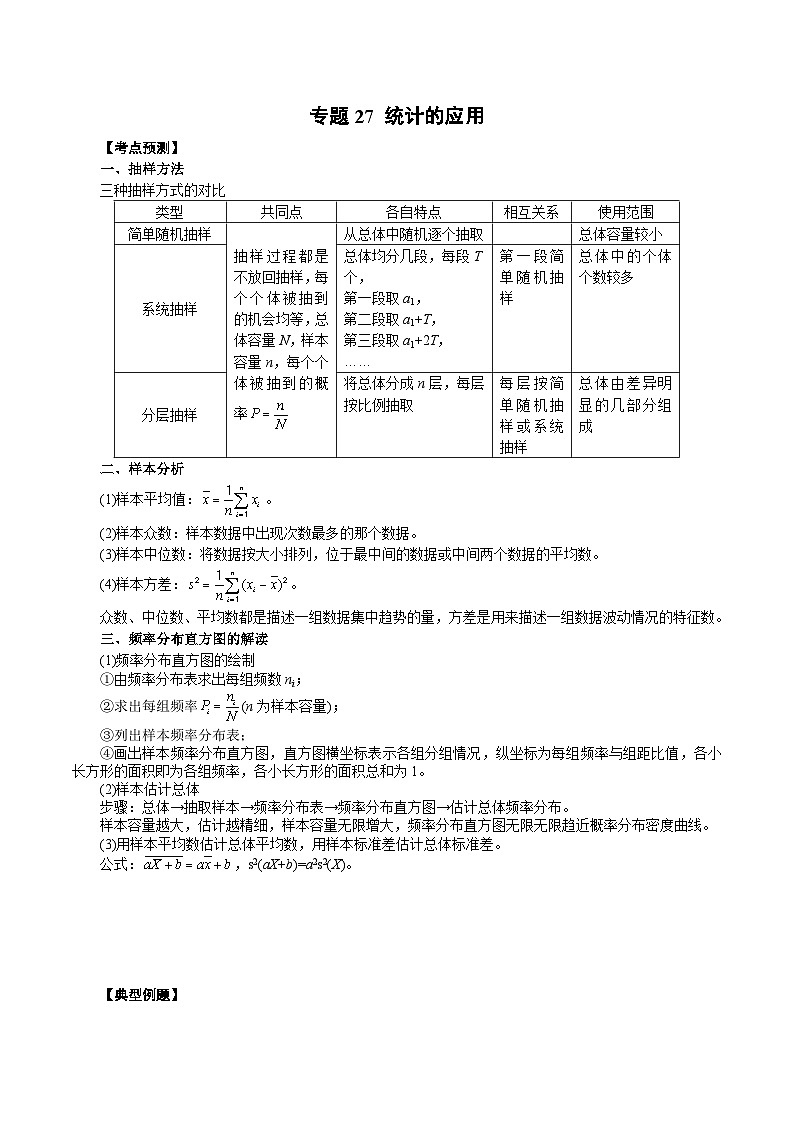 备战2024高考数学艺体生一轮复习40天突破90分讲义专题27 统计的应用（原卷版+解析版）01