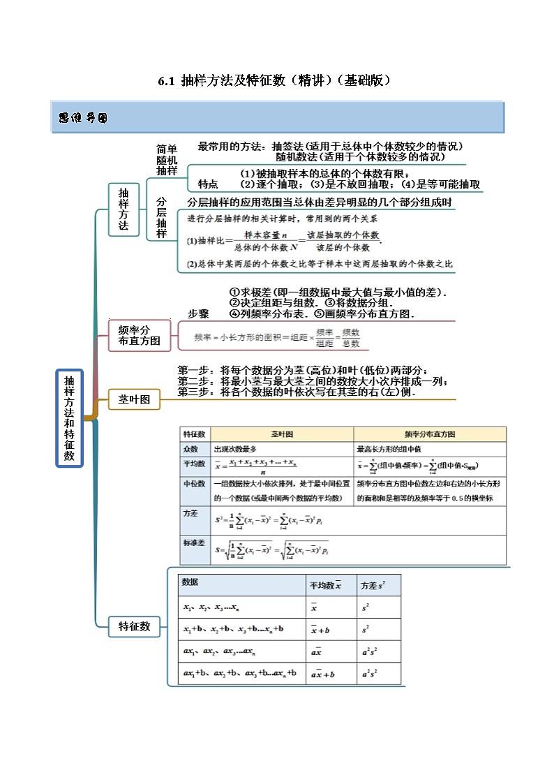 2024年新高考专用数学第一轮复习讲义一隅三反基础版 6.1 抽样方法及特征数（精讲）（基础版）（原卷版+解析版）01