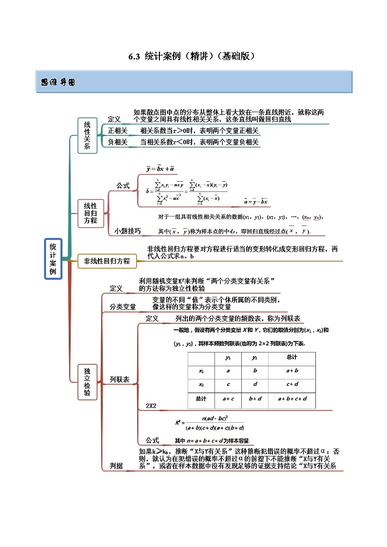 2024年新高考专用数学第一轮复习讲义一隅三反基础版 6.3 统计案例（精讲）（基础版）（原卷版+解析版）第1页