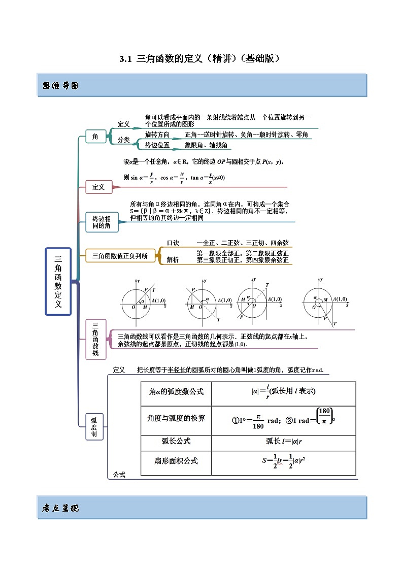 2024年新高考专用数学第一轮复习讲义一隅三反基础版 3.1 三角函数的定义（精讲）（基础版）（原卷版+解析版）第1页