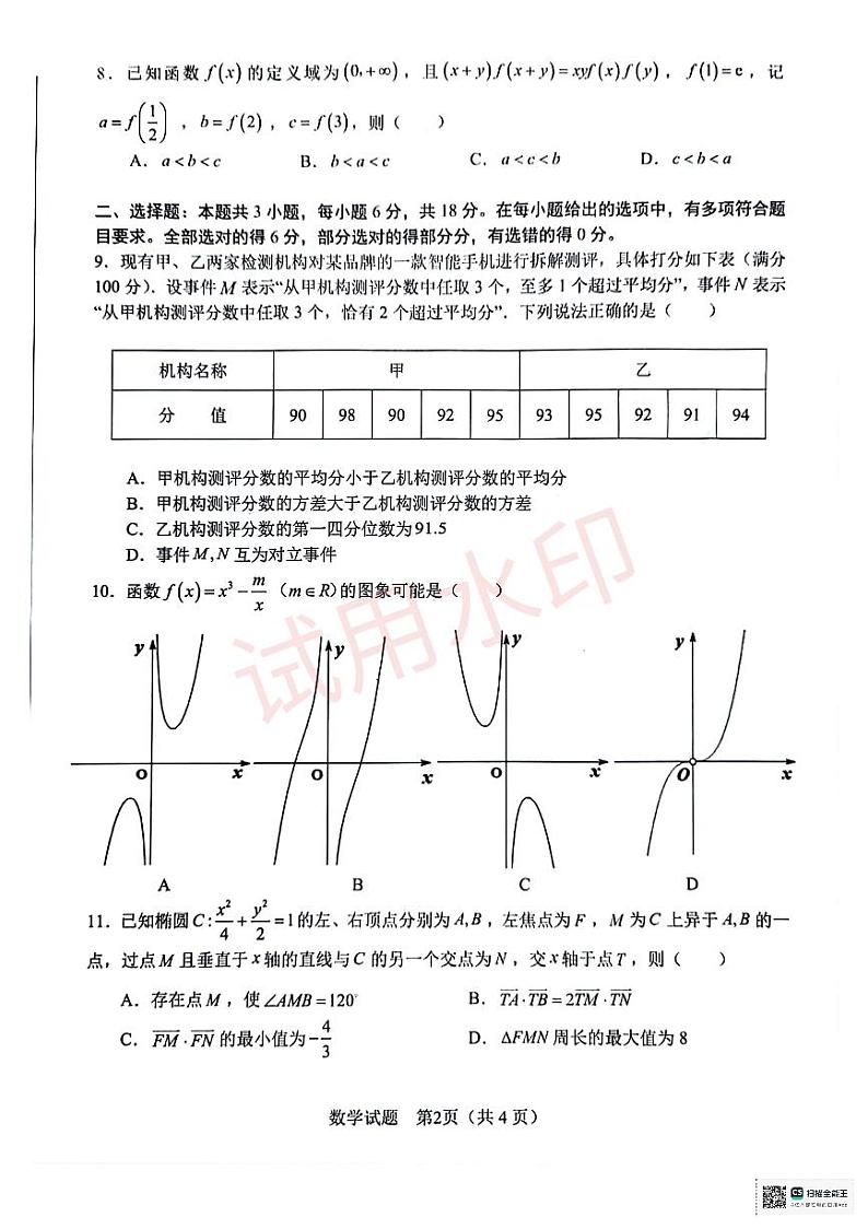 2024年合肥市高三第一次教学质量监测数学试题_加水印第2页