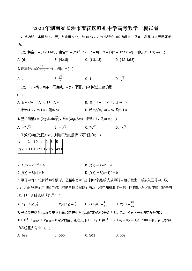 2024年湖南省长沙市雨花区雅礼中学高考数学一模试卷（含解析）01