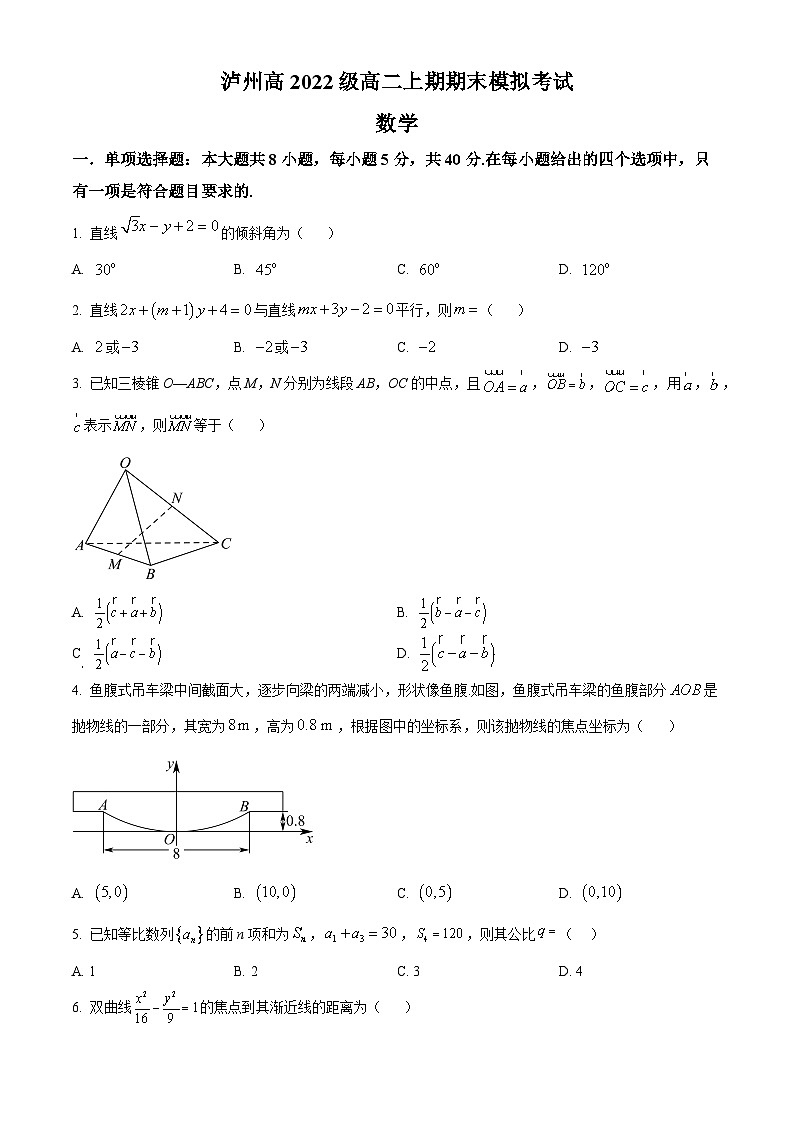 四川省泸州市2023-2024学年高二上学期期末模拟考试数学试题（原卷版）第1页