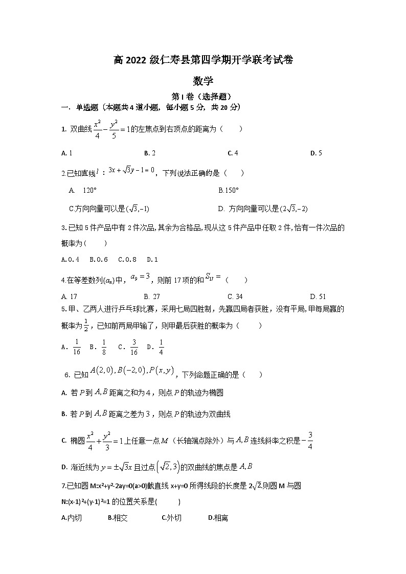 四川省眉山市仁寿县两校2023-2024学年高二下学期开学联考数学试题01