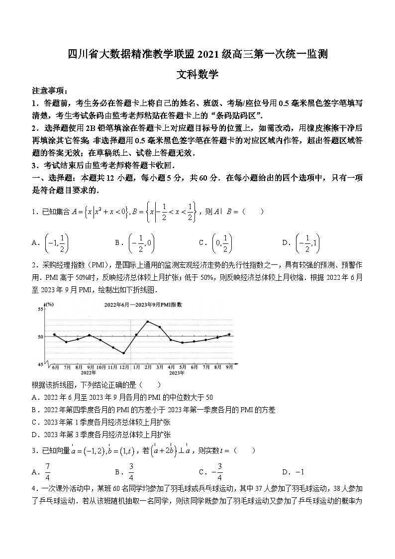 四川省大数据精准教学联盟2024届高三下学期第一次统一监测试题 数学（文） Word版含解析第1页