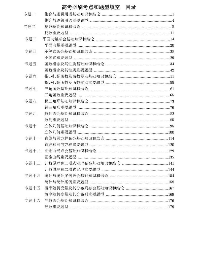 无水印高考核心考点和题型填空（目录+带解析完整版）第1页