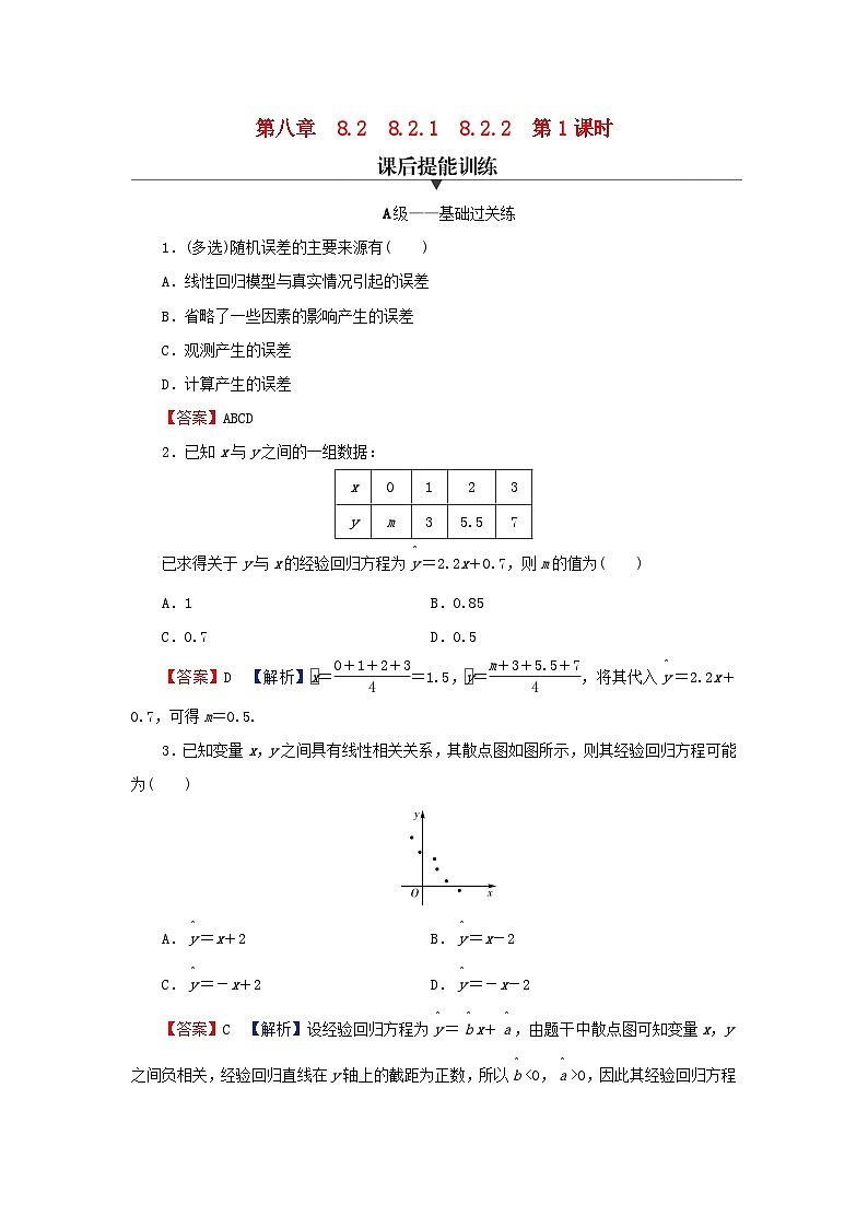 2024春高中数学第八章8.2.1一元线性回归模型8.2.2一元线性回归模型参数的最玄乘估计第1课时一元线性回归模型及其参数的最玄乘估计课后提能训练（人教A版选择性必修第三册）01