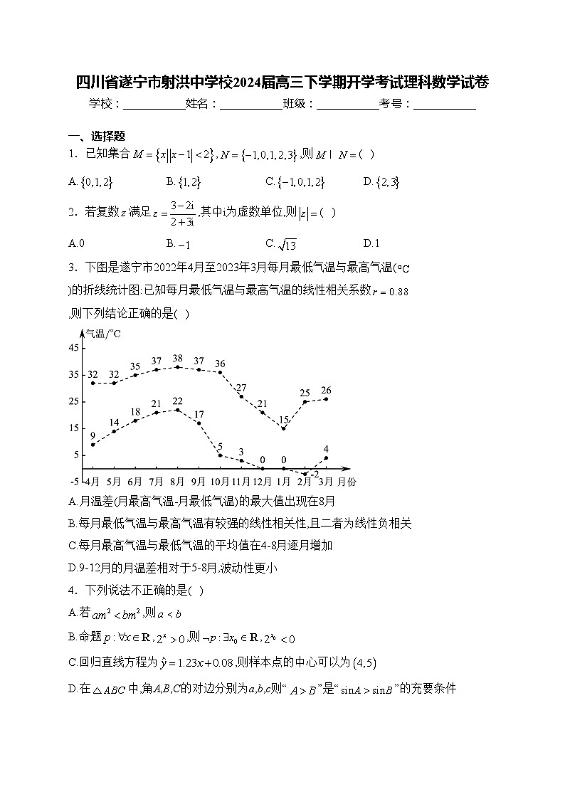 四川省遂宁市射洪中学校2024届高三下学期开学考试理科数学试卷(含答案)第1页