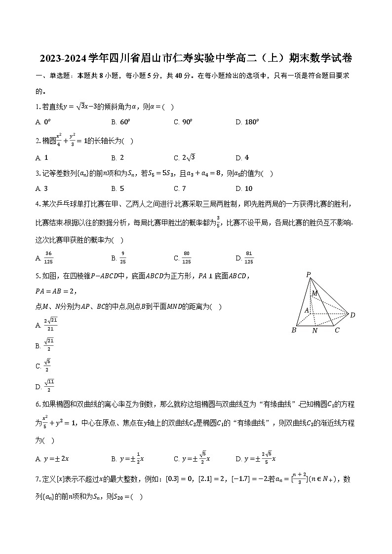 2023-2024学年四川省眉山市仁寿实验中学高二（上）期末数学试卷（含解析）01