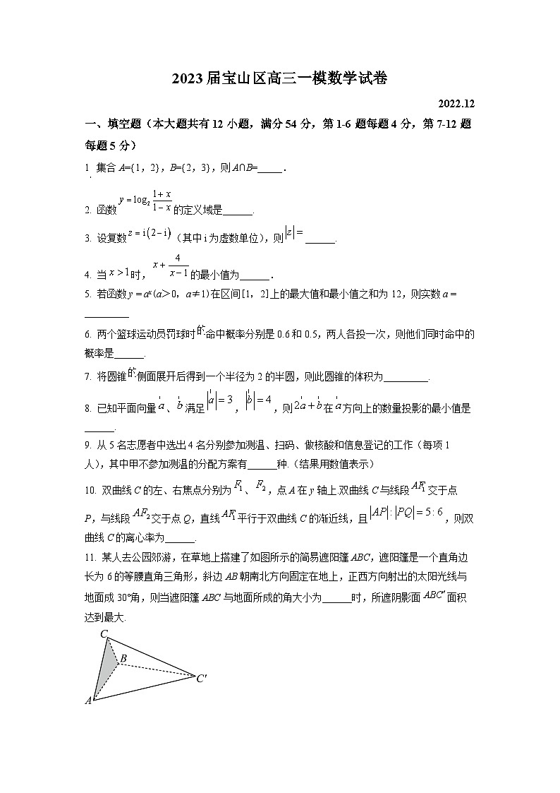 2023年上海市宝山区高三上学期高考一模数学试卷含详解01