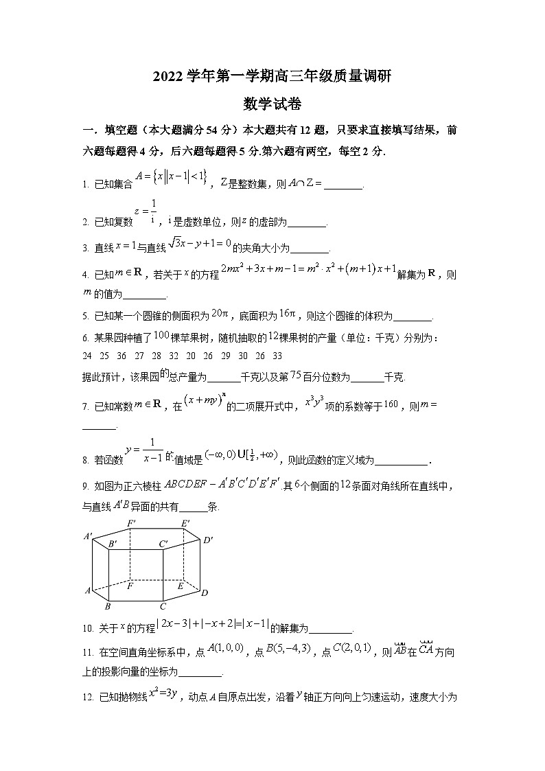2023年上海市嘉定区高三上学期高考一模数学试卷含详解01