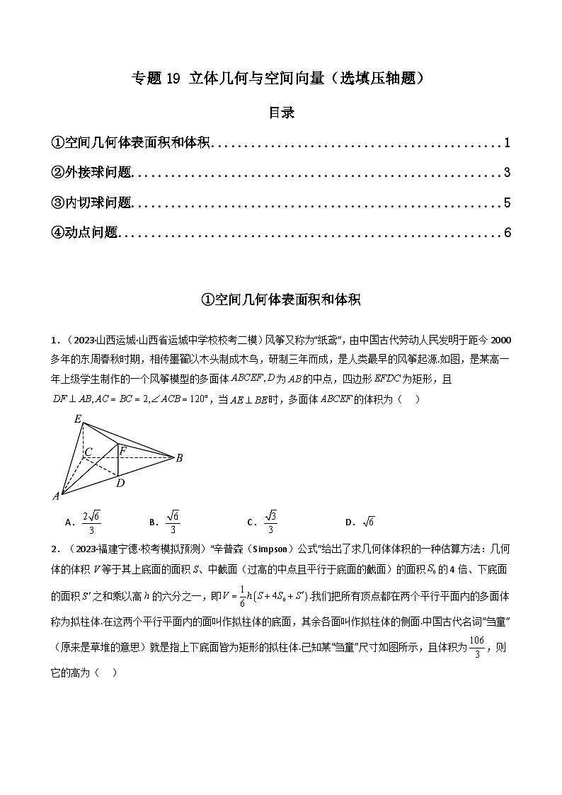 专题19 立体几何与空间向量（选填压轴题）（学生+教师版）--310高考数学压轴题（新高考版）01