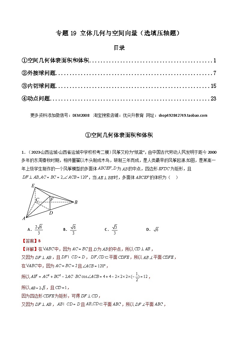 专题19 立体几何与空间向量（选填压轴题）（学生+教师版）--310高考数学压轴题（新高考版）01