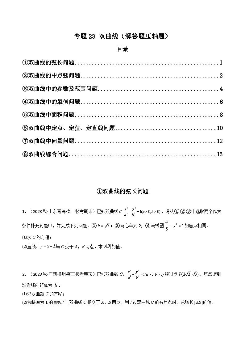 专题23 双曲线（解答题压轴题） 高考数学压轴题（新高考版）01