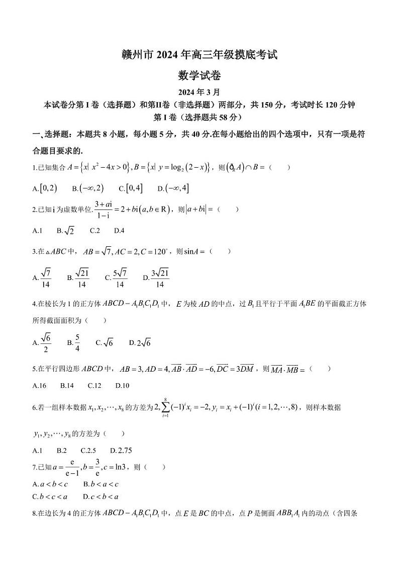 江西省赣州市2024届高三下学期年3月摸底考试数学试题第1页