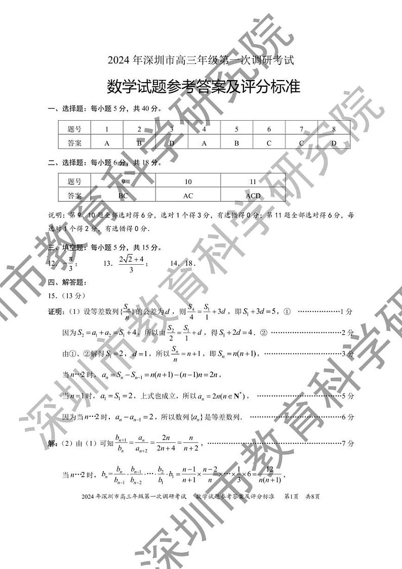 2024年深圳市高三年级第一次调研考试 数学参考答案(1)第1页