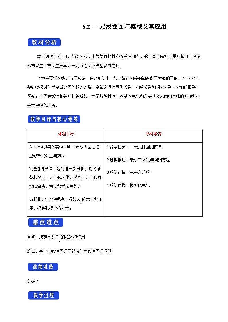 人教A版选择性必修第三册数学8.2一元线性回归模型及其应用教学设计01
